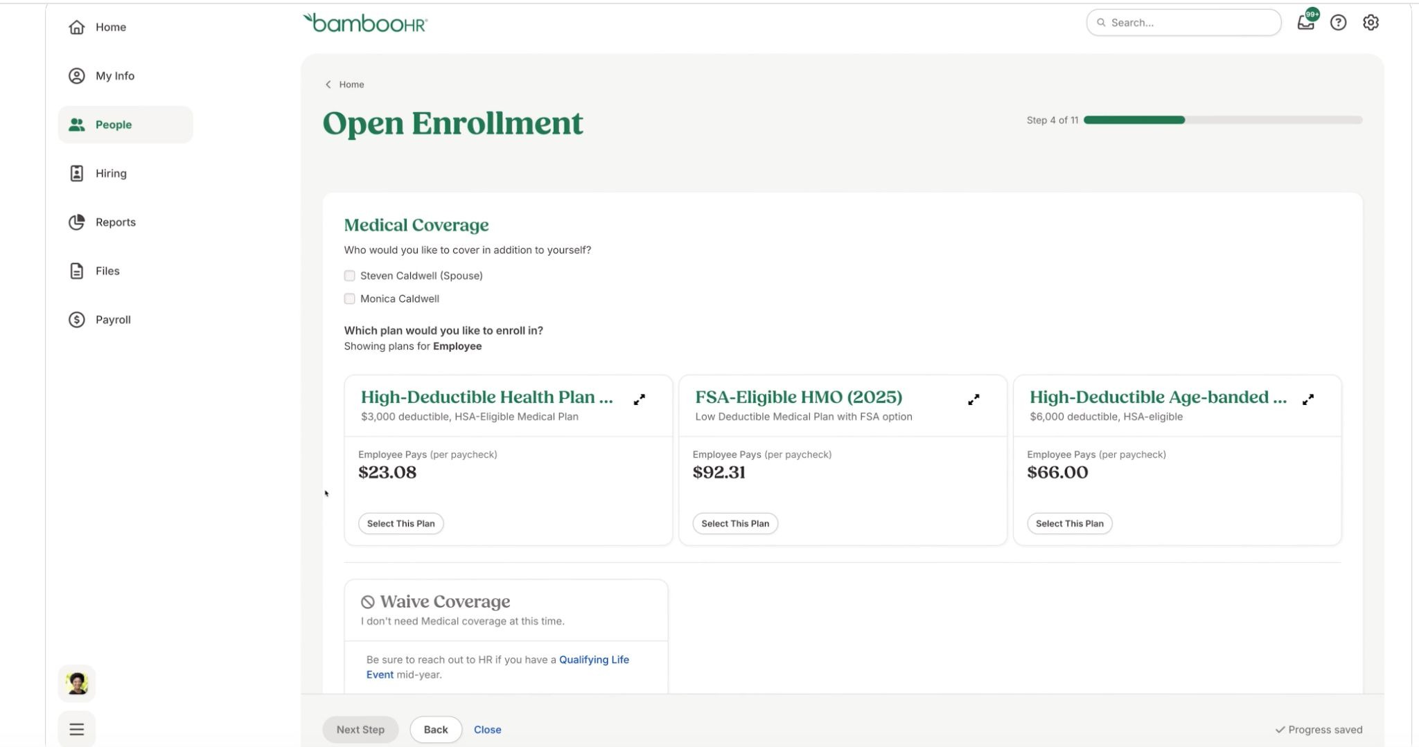 BambooHR open enrollment dashboard