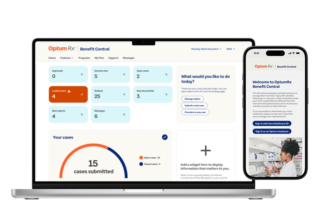 A view of the Optum Rx Benefit Central dashboard, showing cases submitted at various statuses