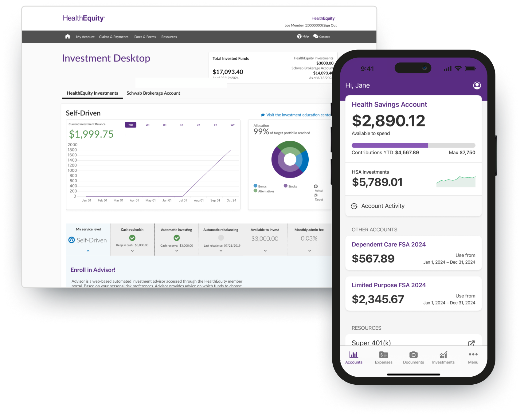 HealthEquity’s Investment Desktop view and its Health Savings Account overview page on mobile