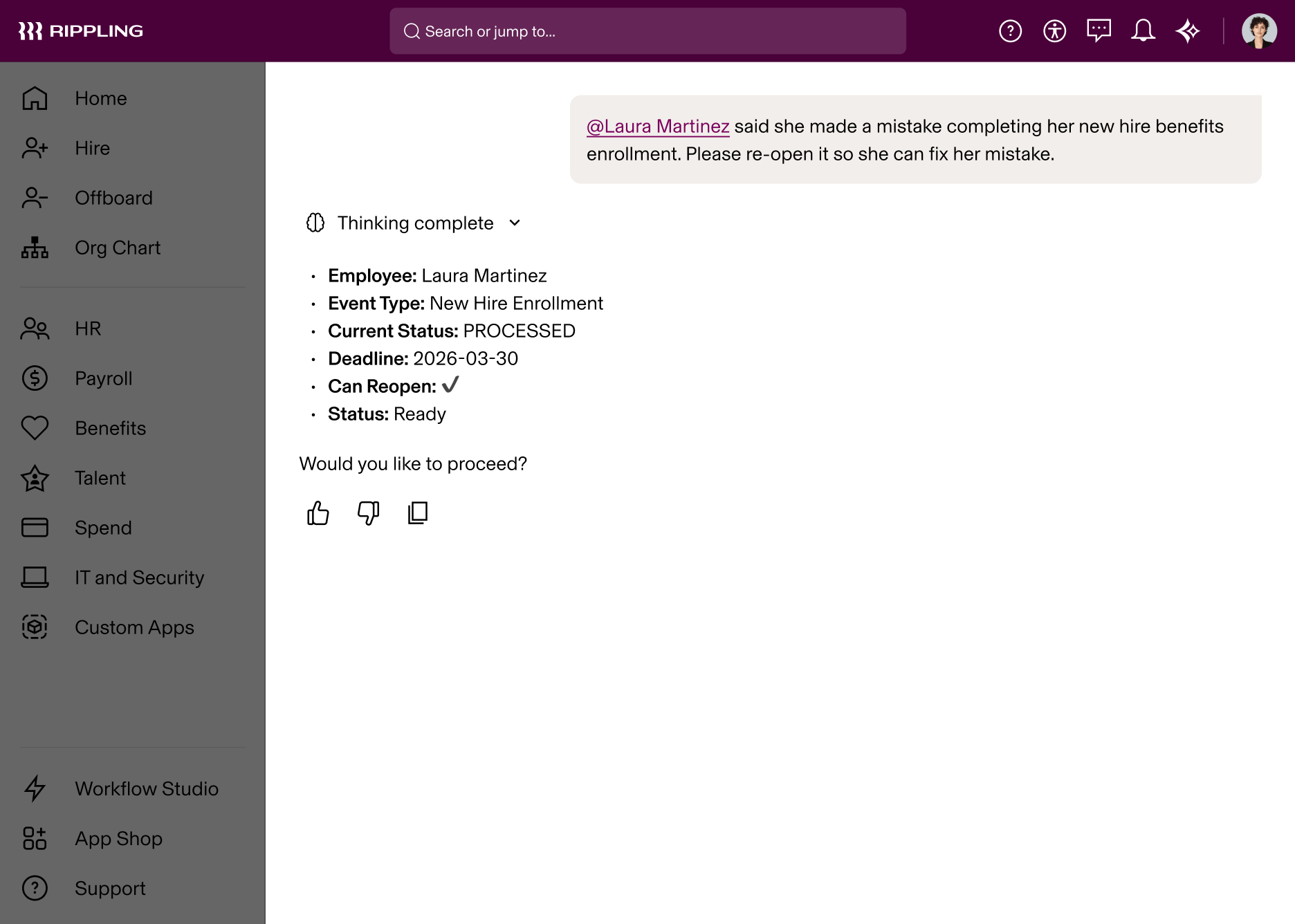 An example Rippling AI completing a request to reopen an employee’s benefits enrollment