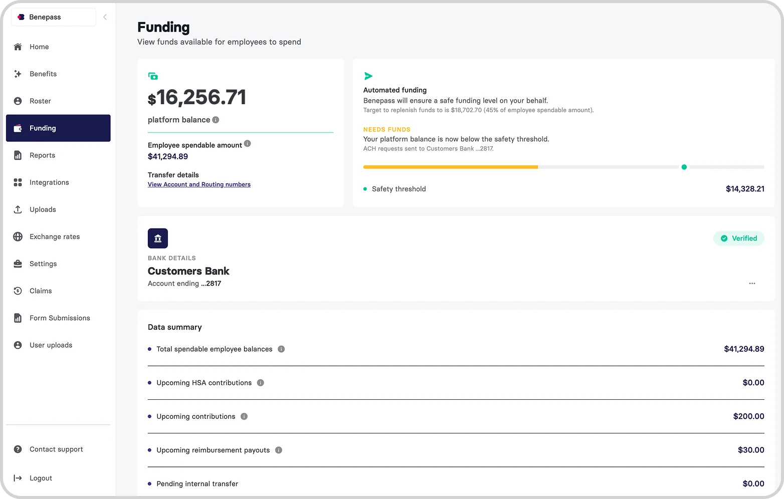 View of Benepass dashboard for funding an employee’s HSA