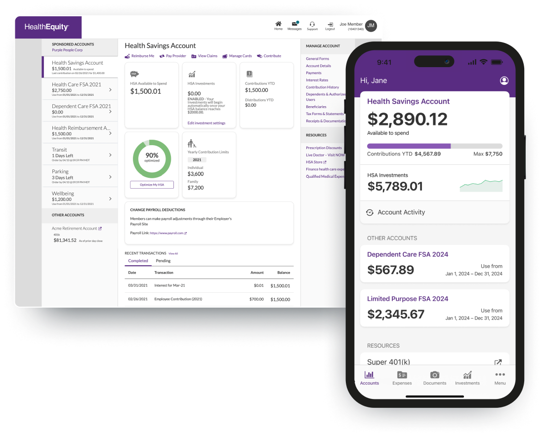A view of HealthEquity’s employee-facing HSA dashboard and mobile setup, showing available funds and investments
