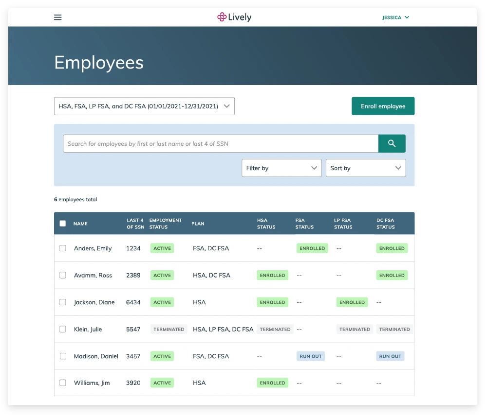 Lively provides a big-picture look of employees, their chosen benefits, eligibility, and other details. 