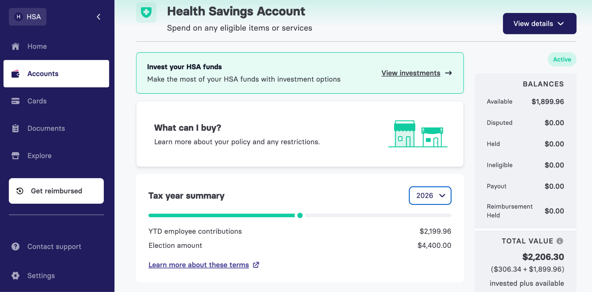 An illustration of Benepass’s HSA offerings, showing tax year summary, HSA investments, and YTD contributions alongside a previous tax year’s contribution limits