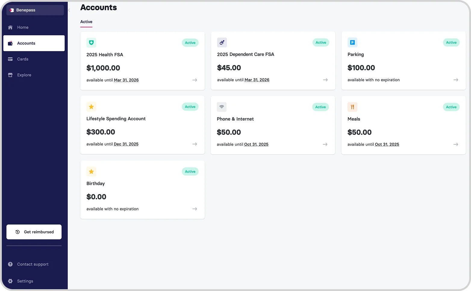 An example of how Benepass combines multiple benefits into one platform, including a health FSA, a dependent care FSA, an LSA, and other benefits