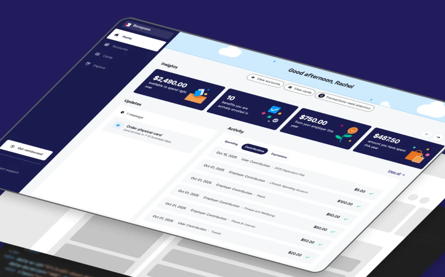Benepass dashboard, employee view