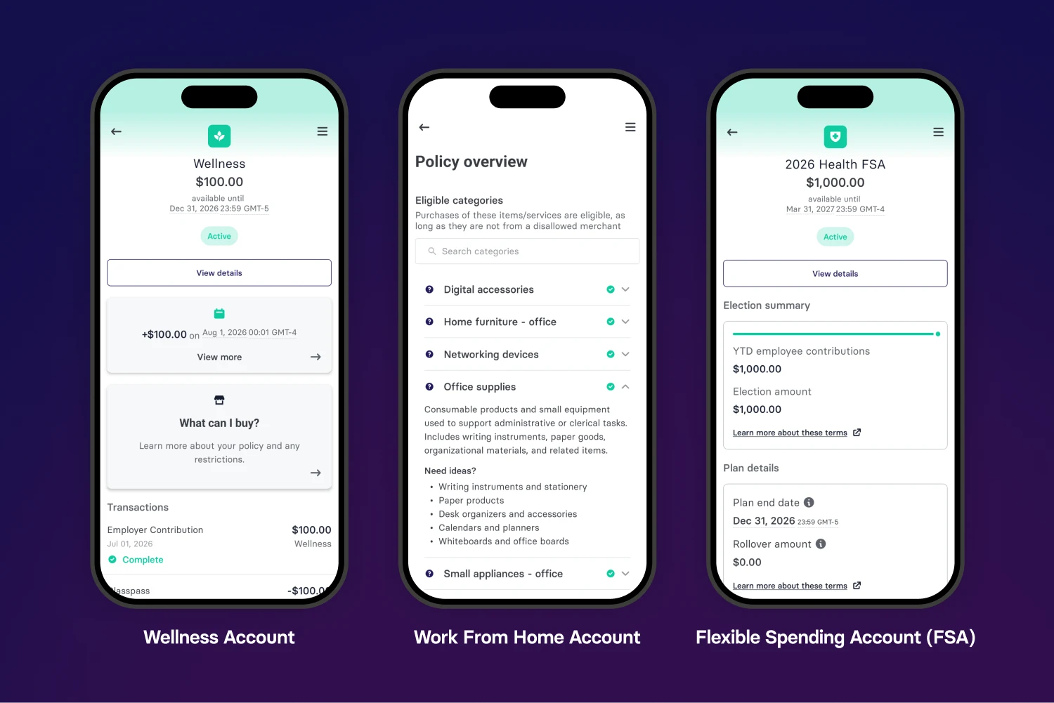 Mobile app screens showing three Benepass benefit accounts: a Wellness Account, a Work From Home Account with eligible expense categories, and a Health FSA account displaying balance, contribution details, and plan information.