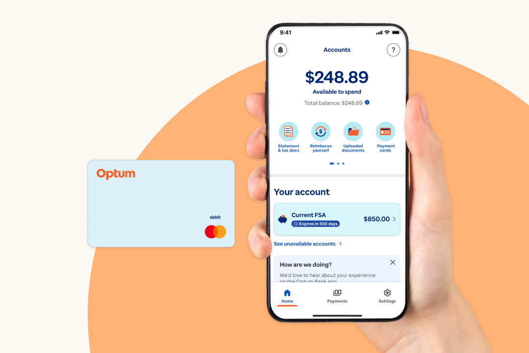 Optum’s mobile account dashboard, with an FSA and its available funds listed