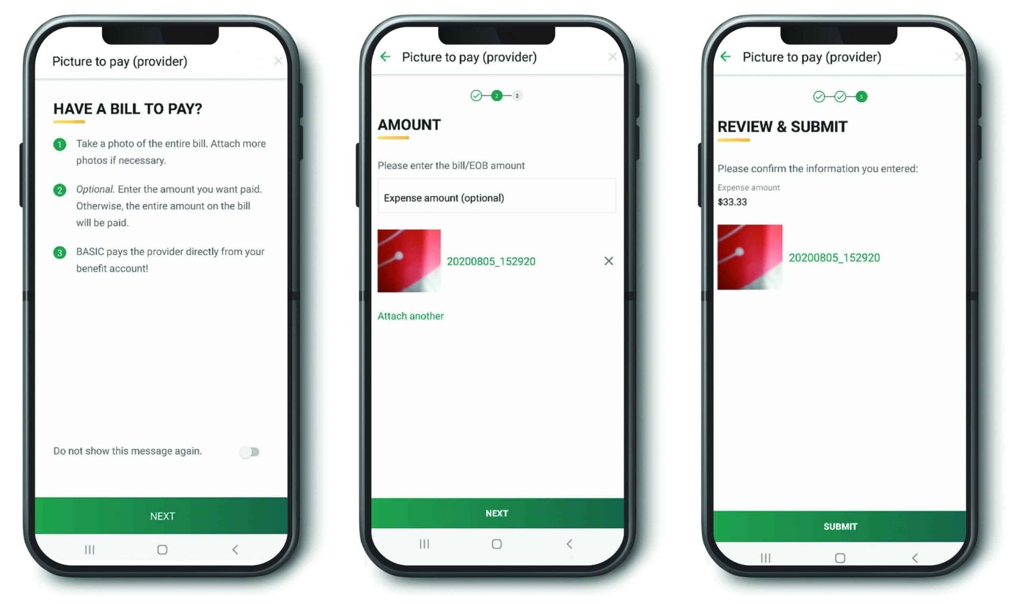 An example of BASIC’s picture-to-pay process, showing each step, like entering an expense amount and confirming information 