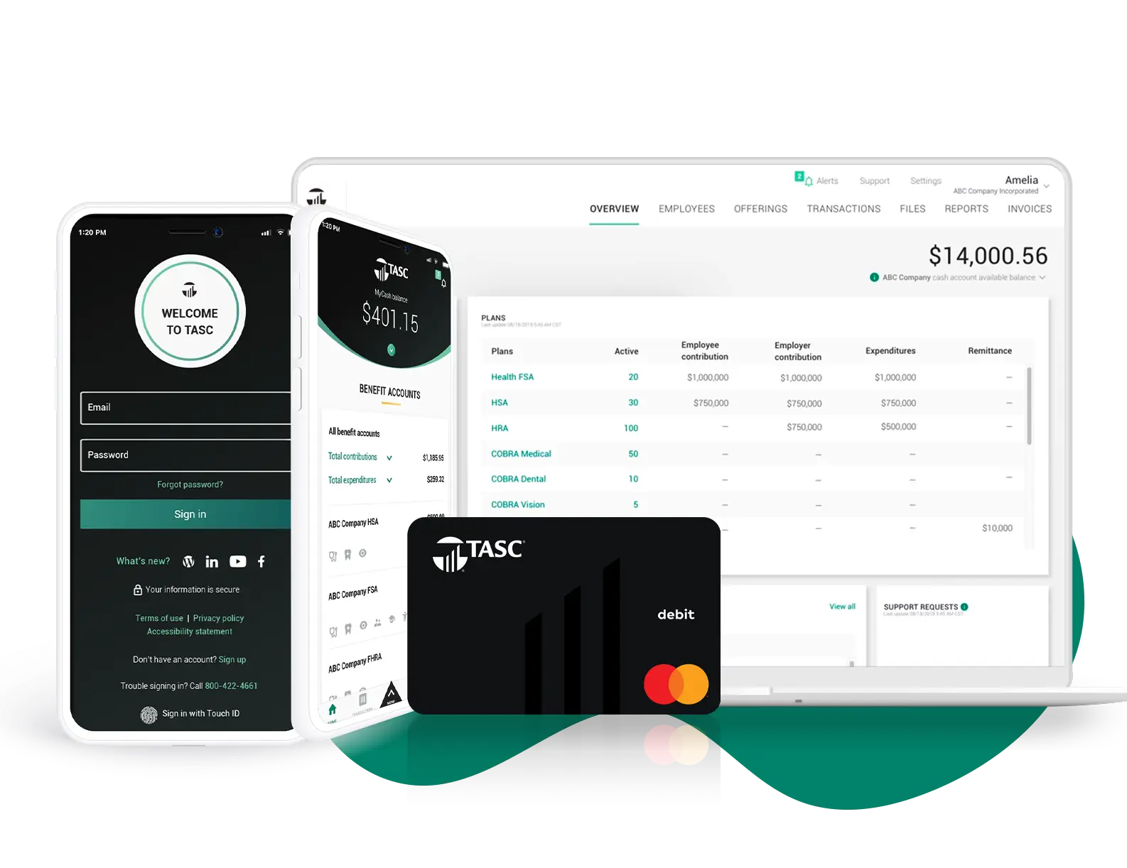 An example of TASC’s benefits management dashboard, listing several types of accounts, including an FSA, an HSA, an HRA, and COBRA