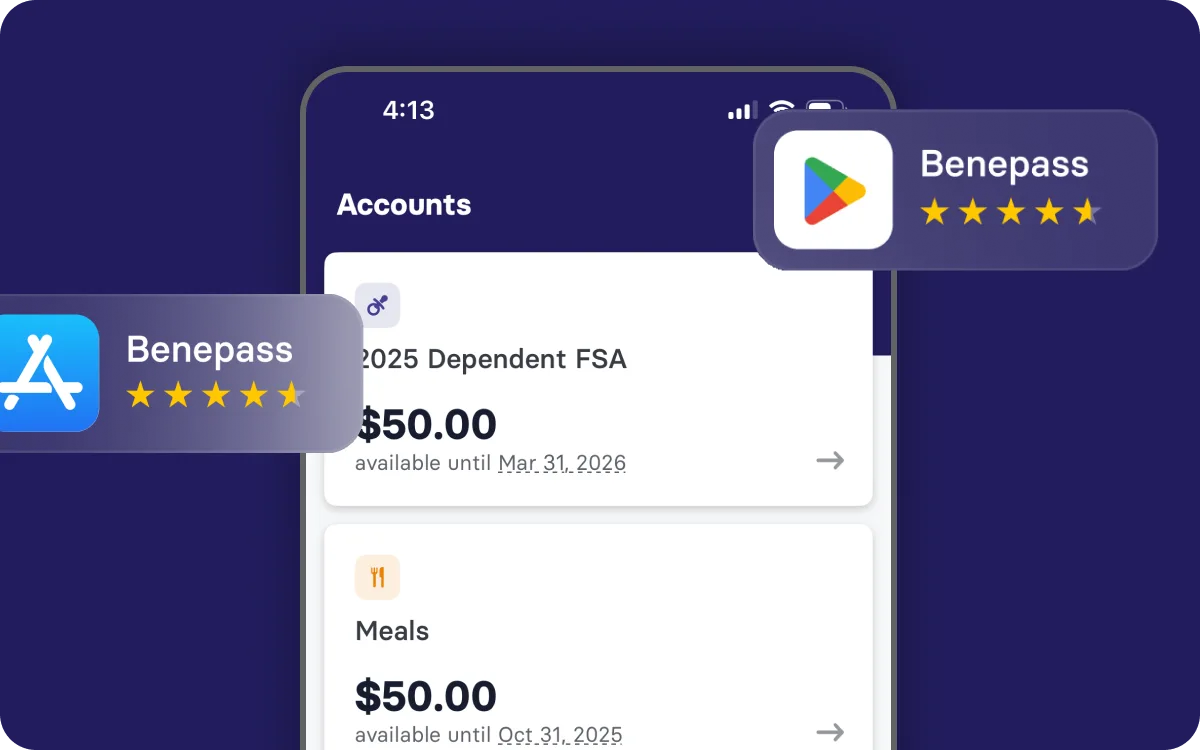 FSA tile and meal stipend tile shown in the Benepass app