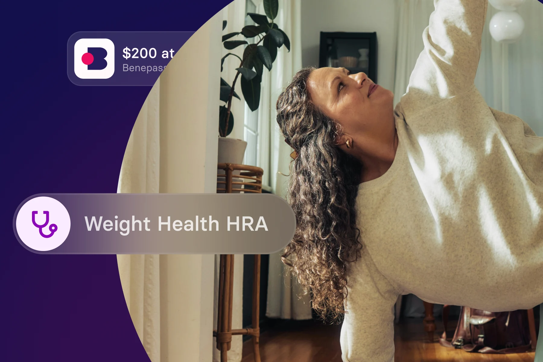 Benepass app showing a $200 Weight Health HRA benefit card, overlaid on a photo of a woman stretching during a yoga pose at home.
