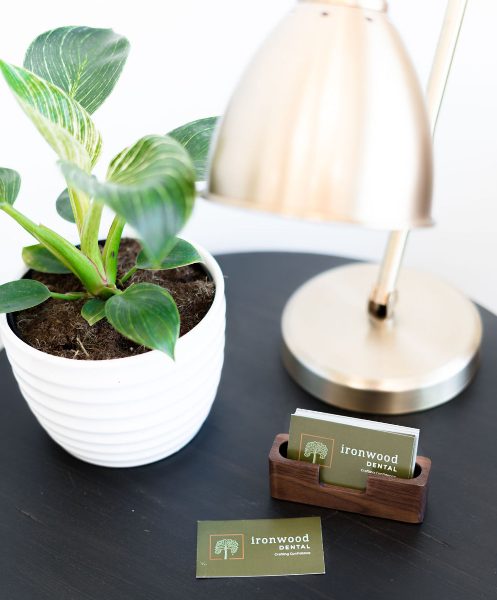 front office desk space with business cards, a plant and lamp