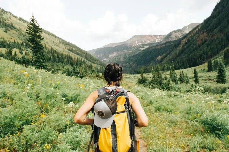 A woman with braided hair is seen from behind, hiking through a lush green valley surrounded by tall mountains. She carries a large yellow backpack with a baseball cap attached and walks along a trail dotted with wildflowers under a cloudy sky.