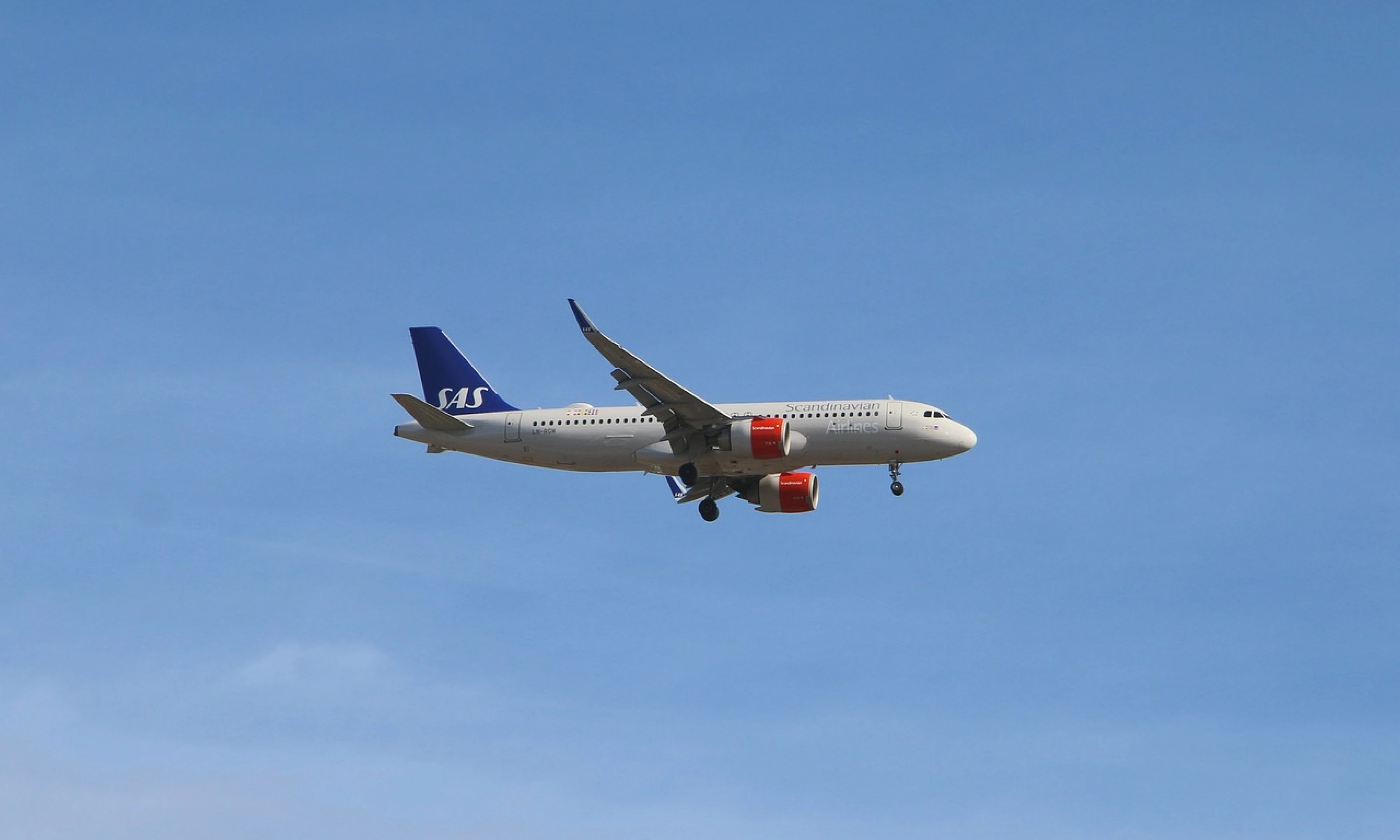 A Scandinavian Airlines (SAS) plane in mid-flight against a blue sky. This is one of the top airlines for flying from Europe to USA.