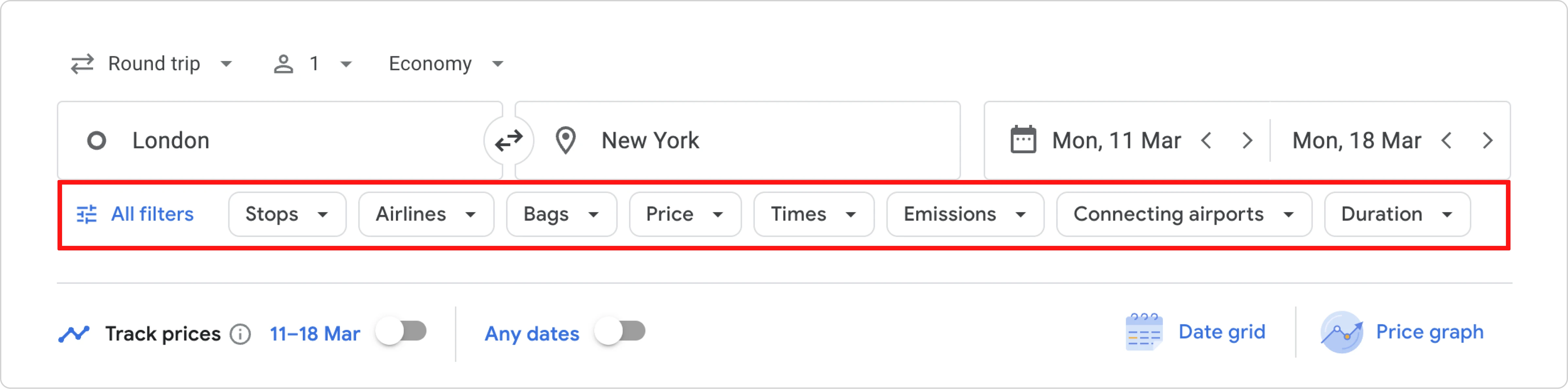 Example of Google Flights search filters