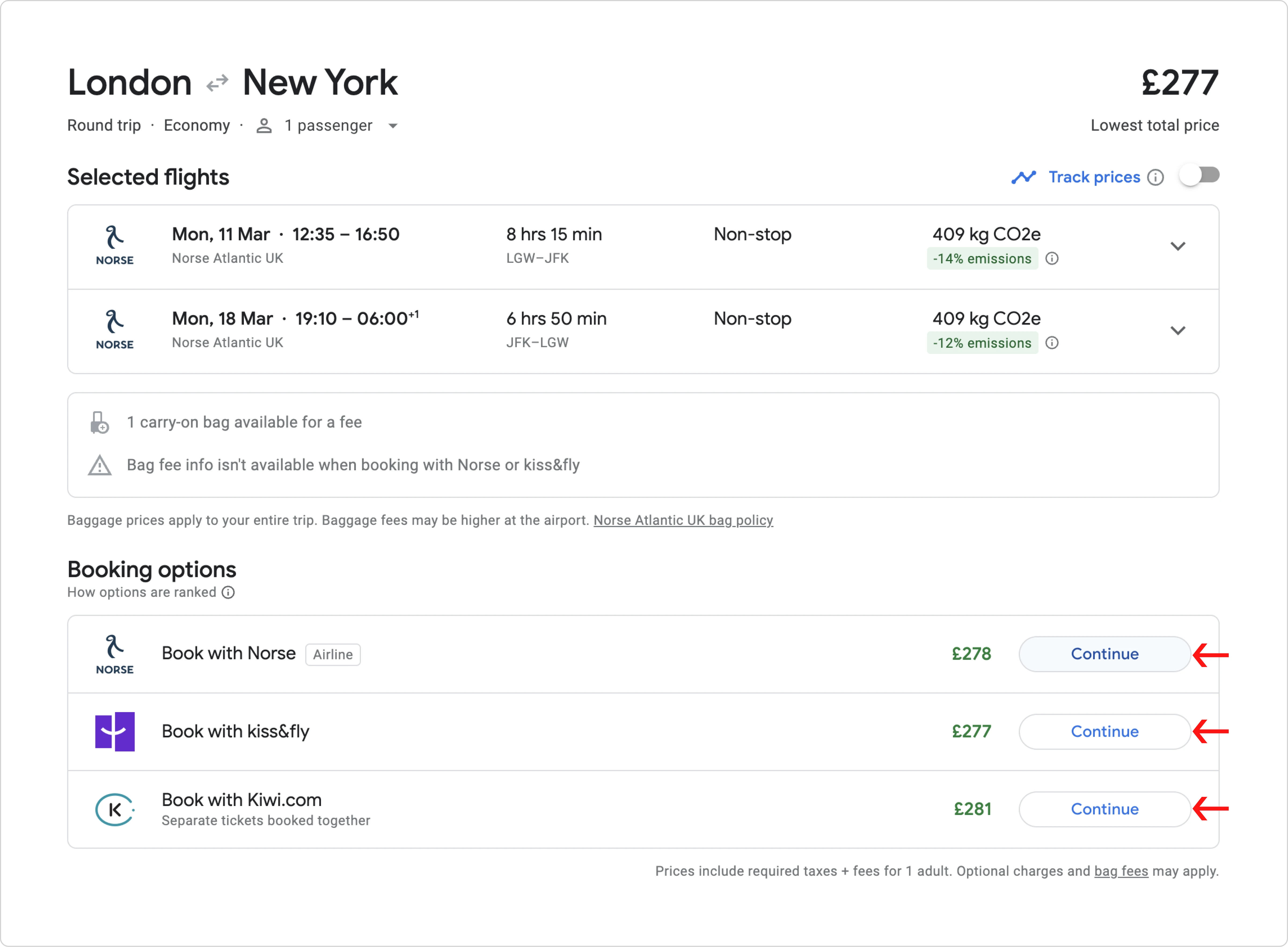 Example of Google Flights search result