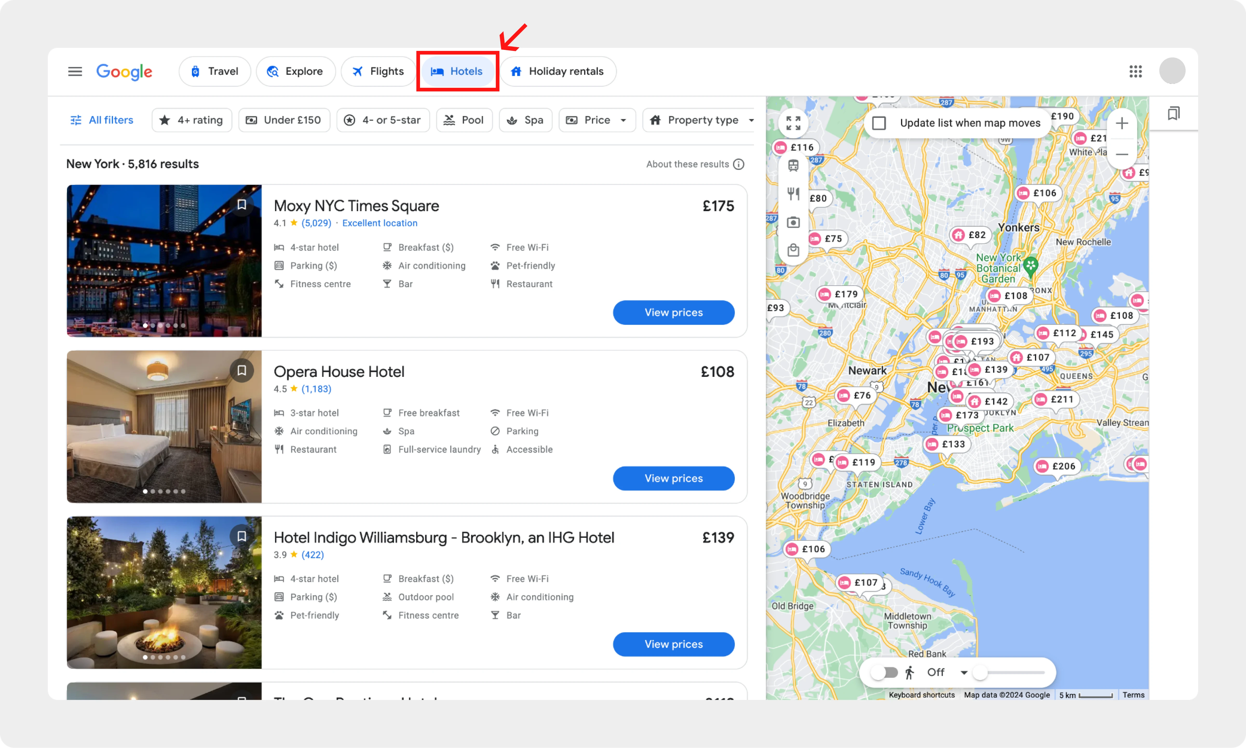 Google Flights vs Skyscanner - Google Flights Hotel Search Results