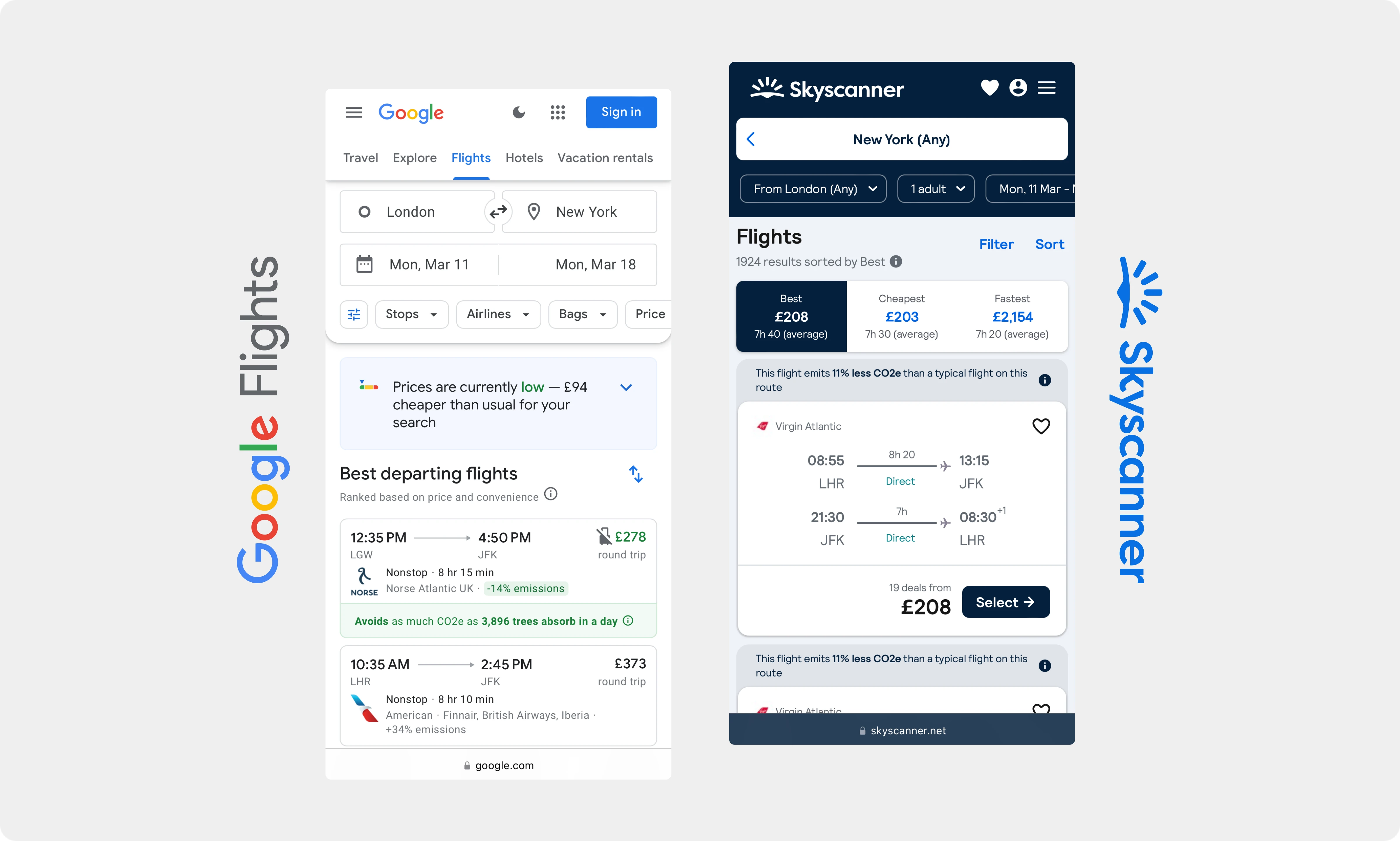 Example of Google Flight mobile user interface (left) and Skyscanner user interface (right)