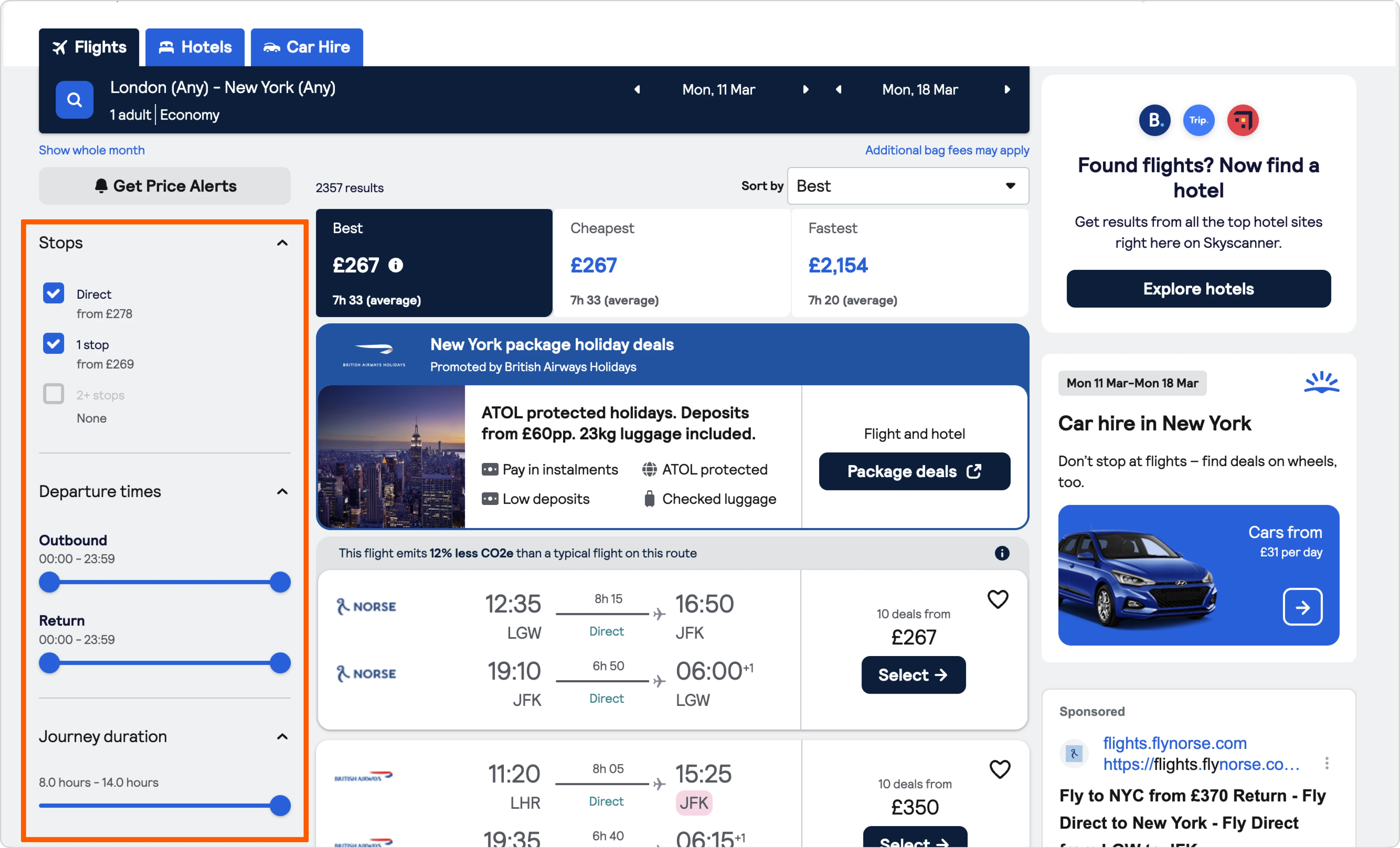 Example of Skyscanner search results with filters highlighted