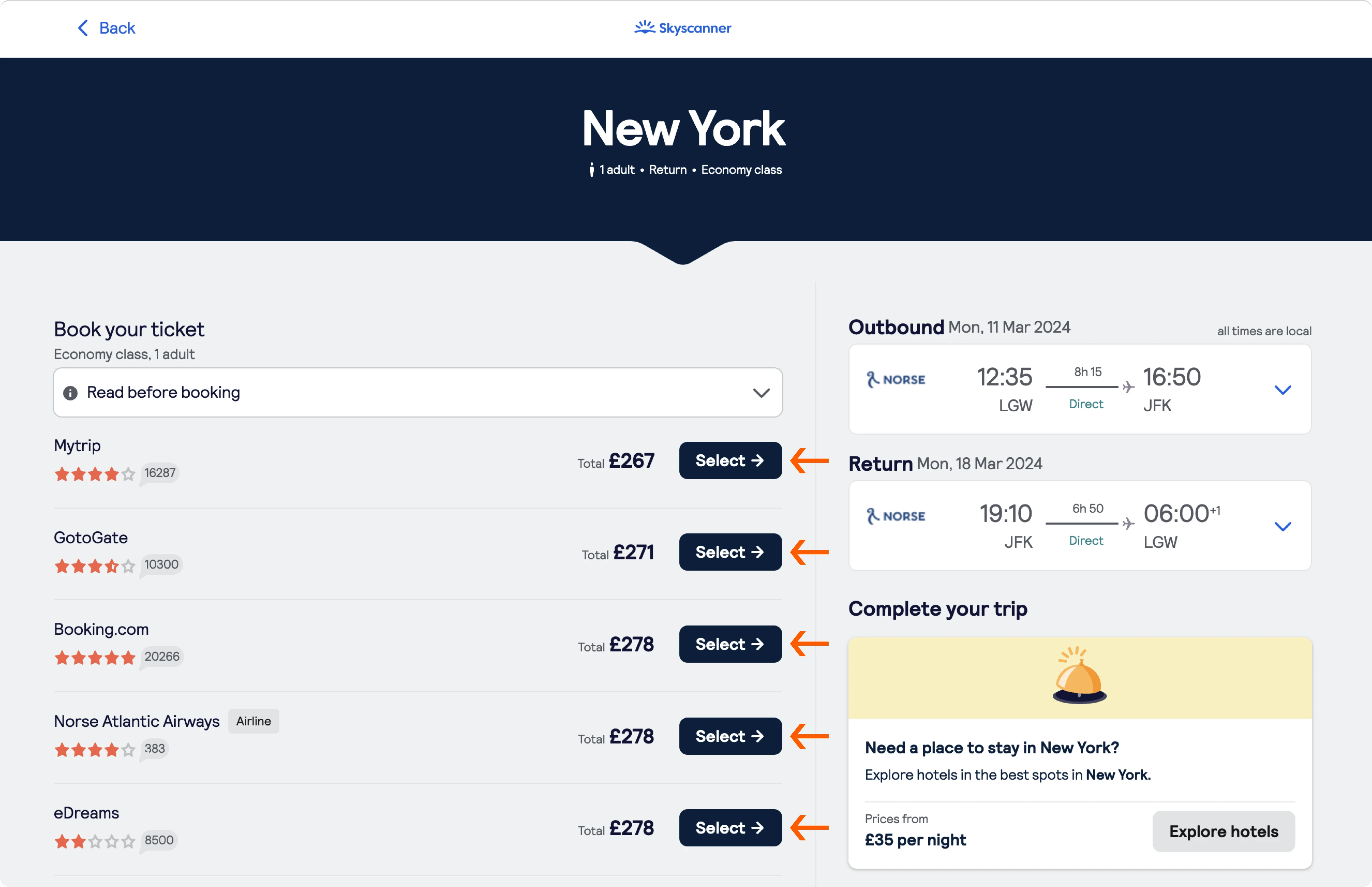 Google Flights vs Skyscanner - Skyscanner flight search result