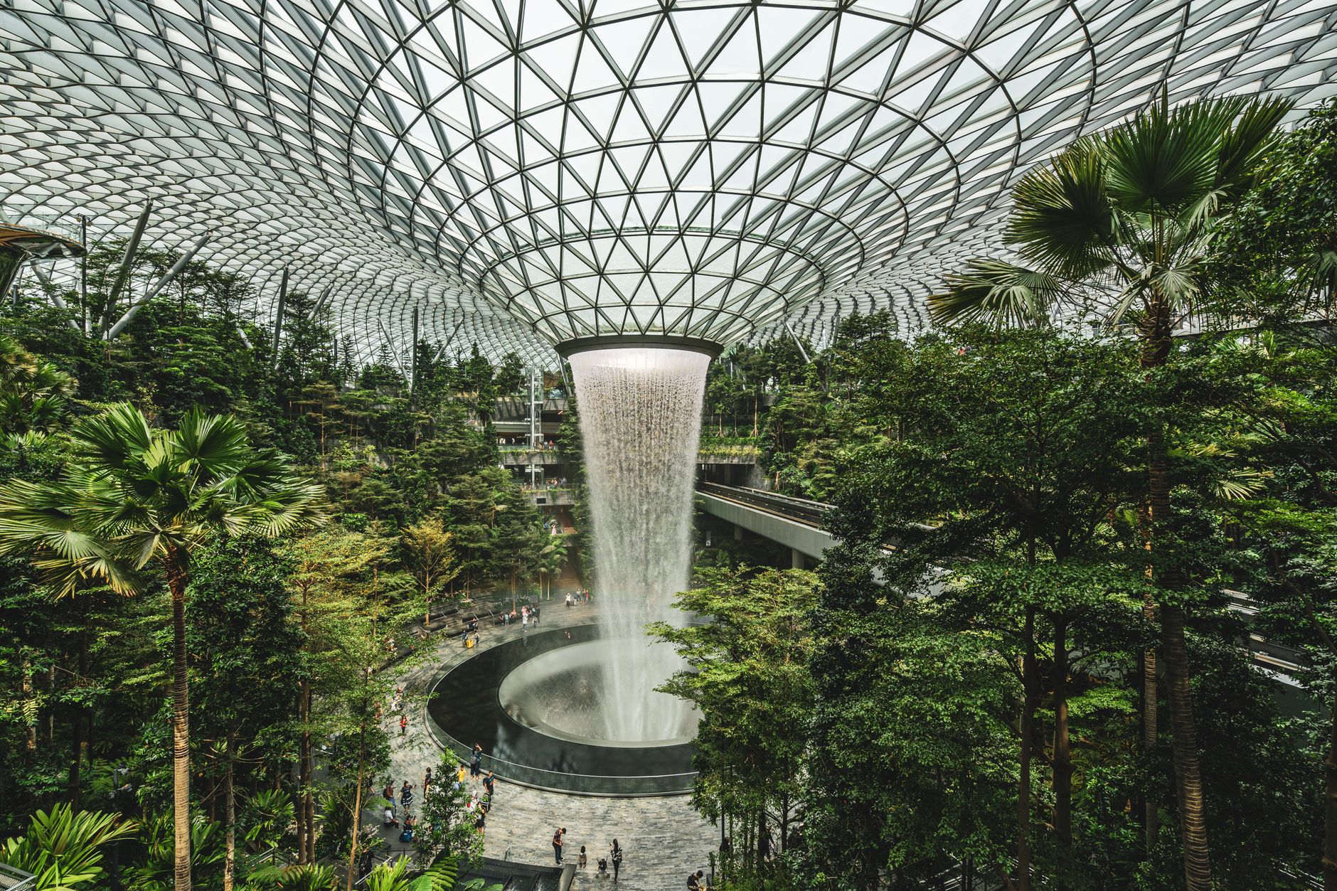 Interior of Singapore Changi Airport Jewel with the Rain Vortex waterfall during a layover