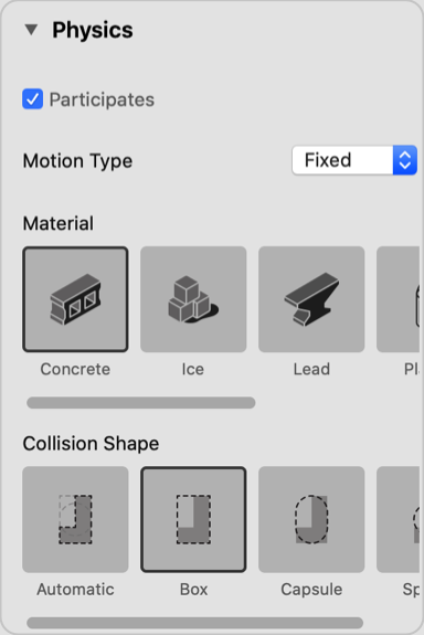 Screenshot showing Physics portion of Reality Composer’s Properties inspector