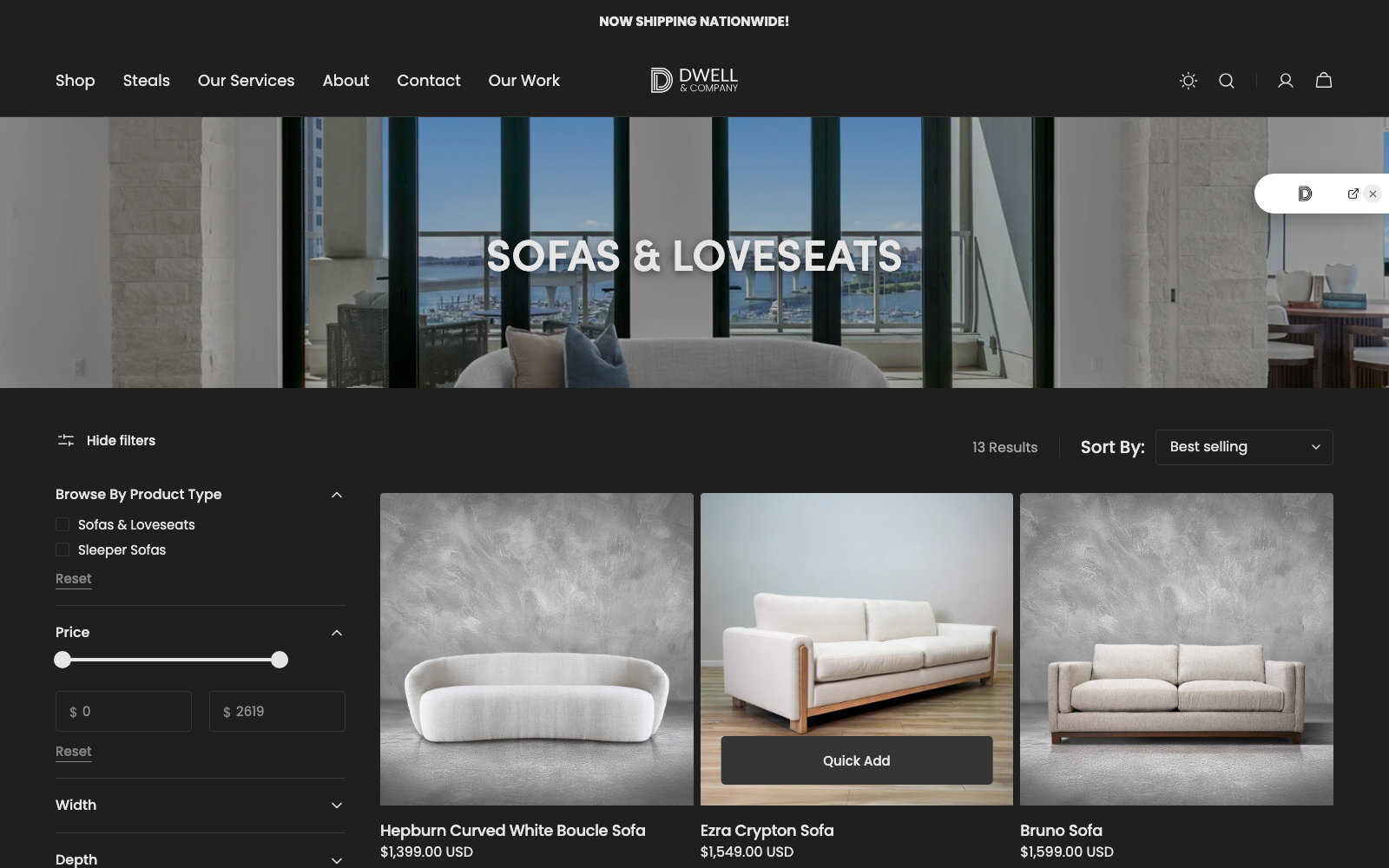 The online store: browse sofas with filters and sorting