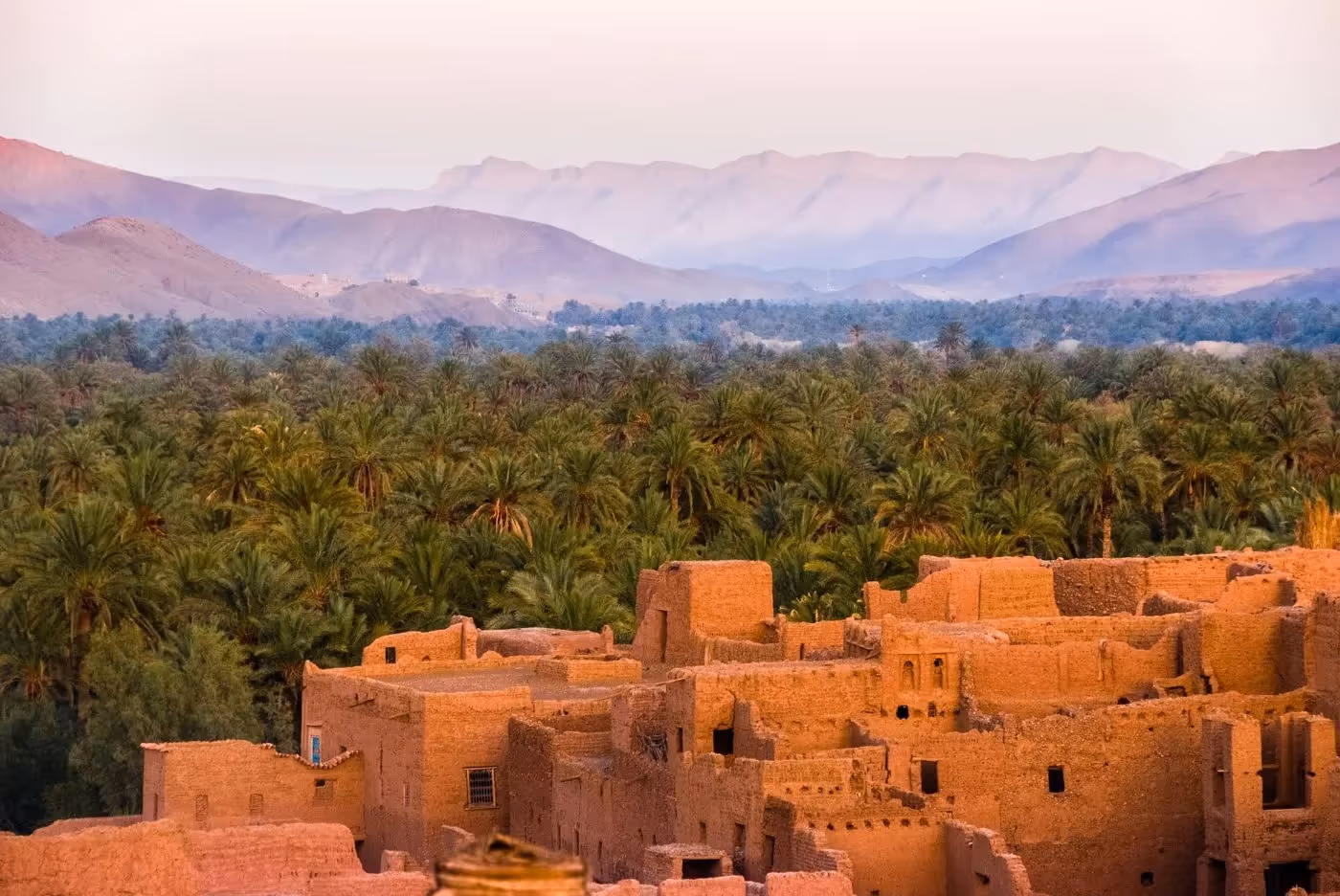 Vue d’une kasbah en terre cuite entourée d’une vaste palmeraie, avec les montagnes de l’Atlas en arrière-plan sous une lumière douce du soir.