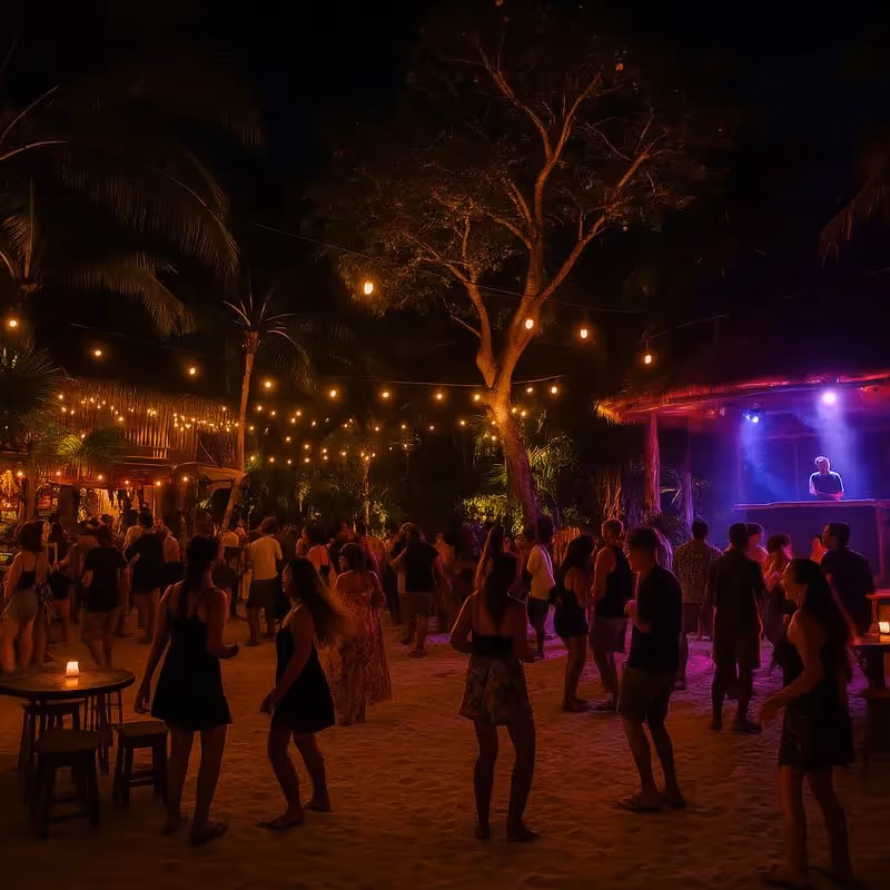 Ambiance festive de nuit à Tulum avec des gens dansant sur du sable sous des guirlandes lumineuses et un DJ sur scène.