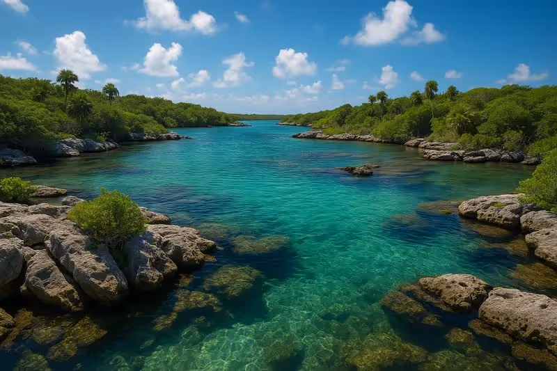 Vue panoramique d’une lagune turquoise entourée de rochers et de végétation tropicale à Yal Ku, sous un ciel bleu parsemé de nuages.