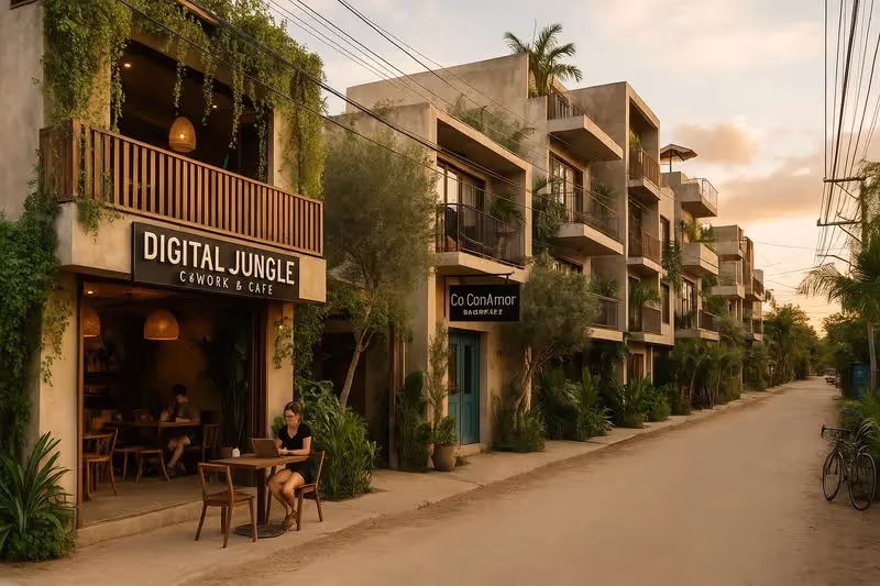 Façade végétalisée d’un café coworking nommé "Digital Jungle" dans une rue paisible bordée de bâtiments modernes à Tulum.