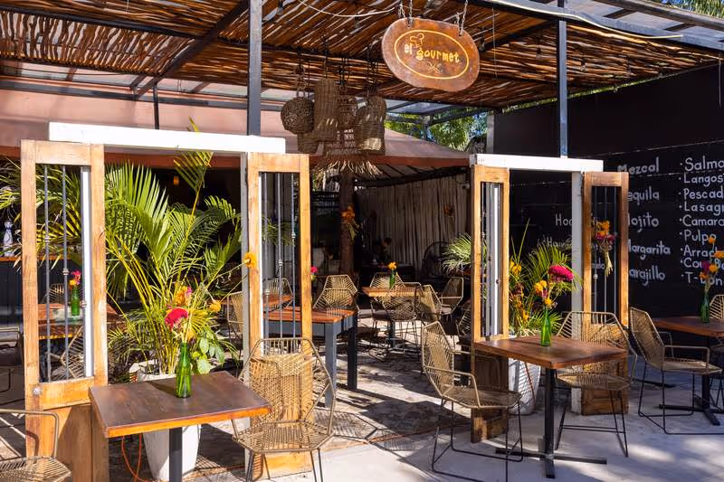 Terrasse ensoleillée du restaurant El Gourmet à Tulum, avec chaises en rotin, tables en bois et plantes tropicales décoratives.