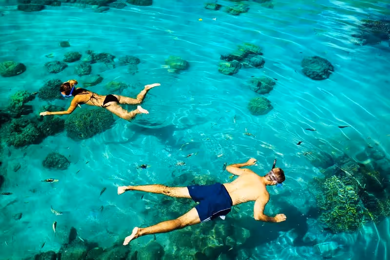 Deux voyageurs font du snorkeling dans les eaux turquoise des îles Perhentian, entourés de coraux et poissons tropicaux.