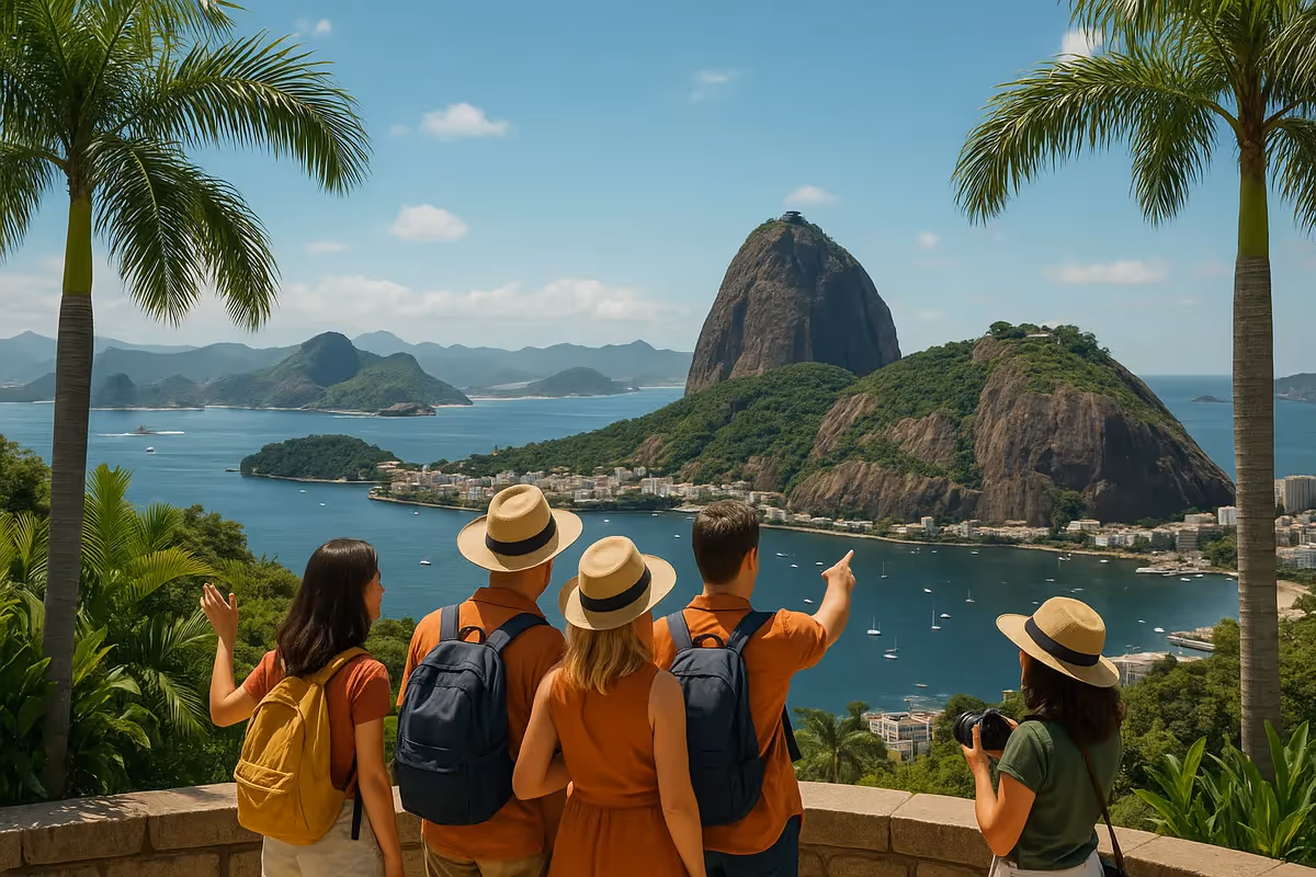 Groupe de voyageurs admirant la baie de Rio de Janeiro avec le Pain de Sucre en arrière-plan, sous un ciel bleu tropical.