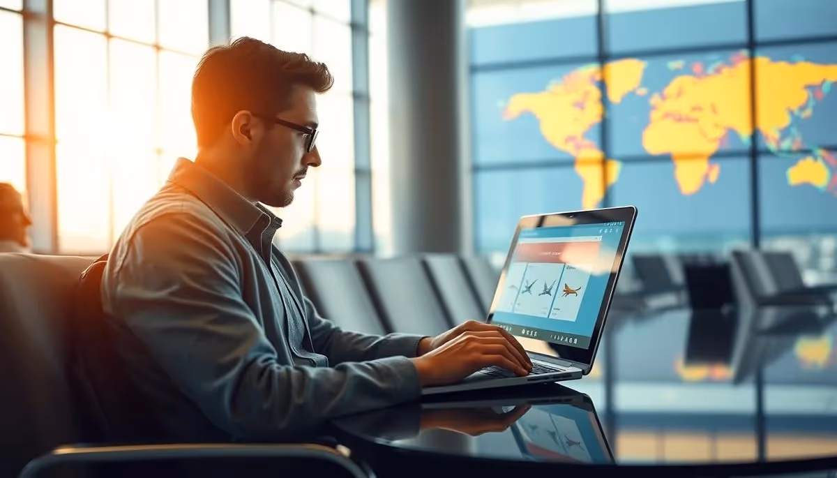 Homme assis à l'aéroport, recherchant un vol moins cher sur son ordinateur portable grâce à un VPN.