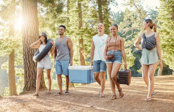 Groupe d’amis marchant en forêt avec une glacière électrique et un panier de pique-nique