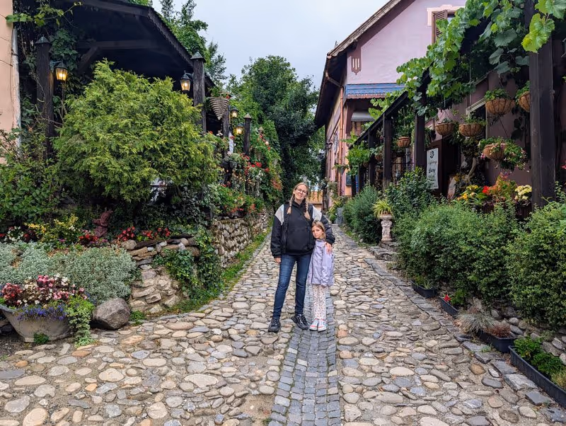 Ruelle pavée fleurie à Sighișoara sous la pluie