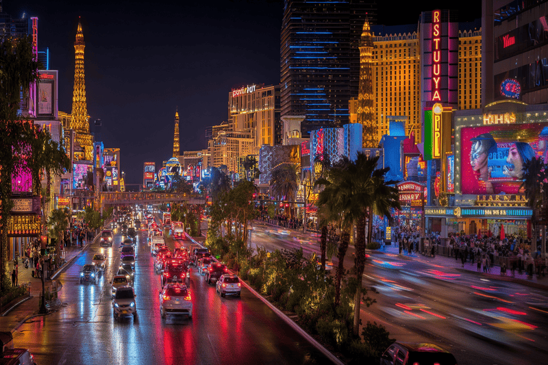 Vue nocturne animée du Strip de Las Vegas avec circulation dense, palmiers et enseignes lumineuses éclatantes dans un décor urbain vibrant.