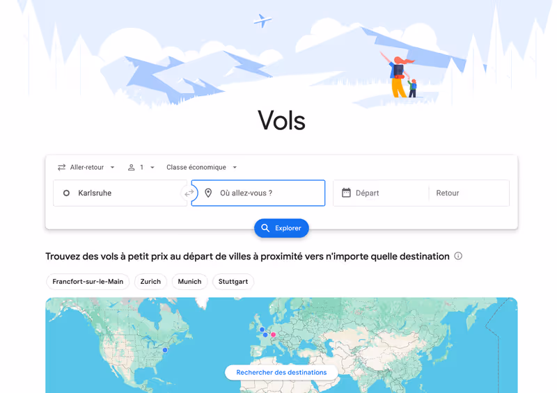 Capture d’écran de l’interface de recherche Google Flights avec champs de saisie pour départ, destination et dates, carte du monde en dessous, et illustration en haut avec montagnes et voyageur.