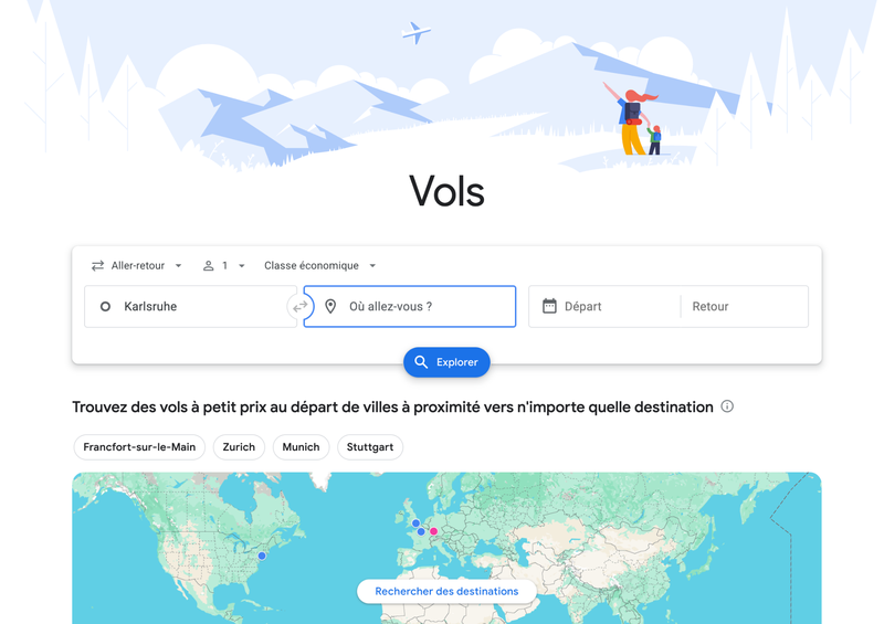 Capture d’écran de l’interface de recherche Google Flights avec champs de saisie pour départ, destination et dates, carte du monde en dessous, et illustration en haut avec montagnes et voyageur.