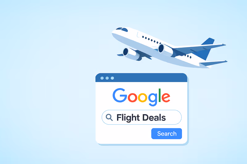 Illustration minimaliste d’un avion blanc et bleu en vol au-dessus d’une interface de recherche Google Flight Deals, sur fond bleu clair.