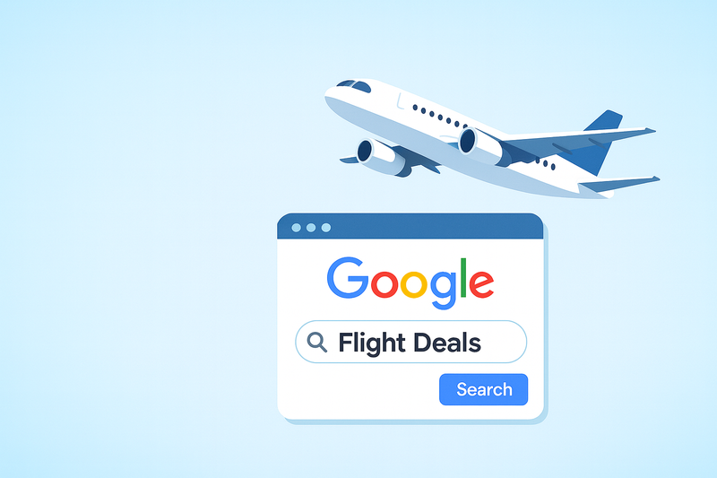 Illustration minimaliste d’un avion blanc et bleu en vol au-dessus d’une interface de recherche Google Flight Deals, sur fond bleu clair.