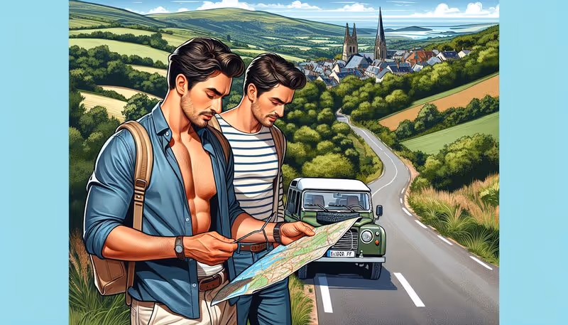 Deux voyageurs consultant une carte au bord d’une route sinueuse avec un 4x4 garé, dans un paysage champêtre avec un village en arrière-plan