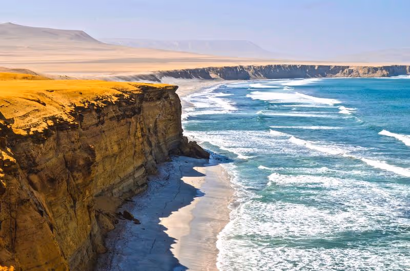 Falaises dorées et océan Pacifique du littoral de la réserve de Paracas.