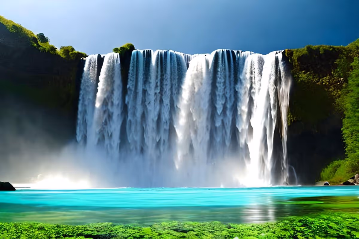 Puissante cascade islandaise se jetant dans une eau turquoise entourée de verdure