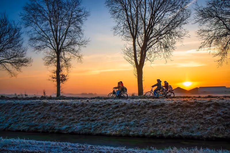 Famille faisant du vélo sur un chemin bordé d’arbres au coucher du soleil en hiver.