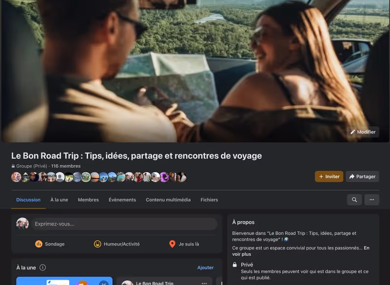Capture d’écran du groupe Facebook « Le Bon Road Trip : tips, idées et partages de voyage », communauté pour voyageurs et travel planners.