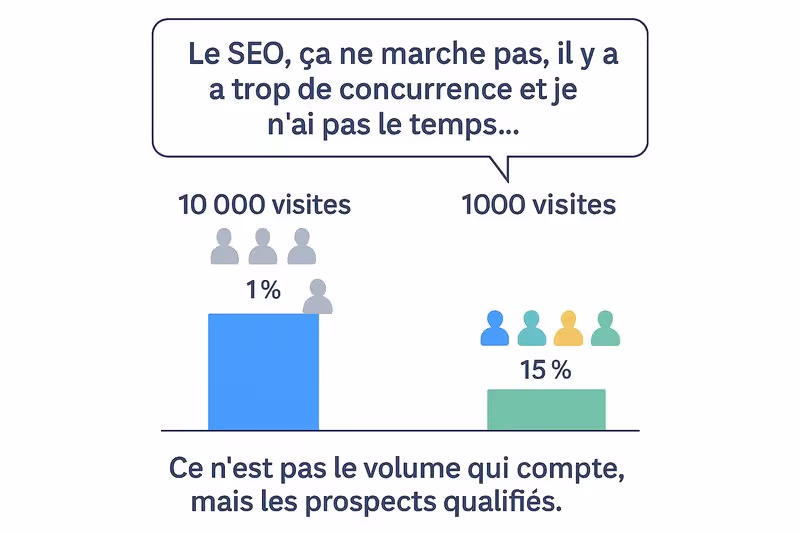 Infographie SEO montrant la différence entre 10 000 visites avec 1 % de conversion et 1000 visites avec 15 % de prospects qualifiés.