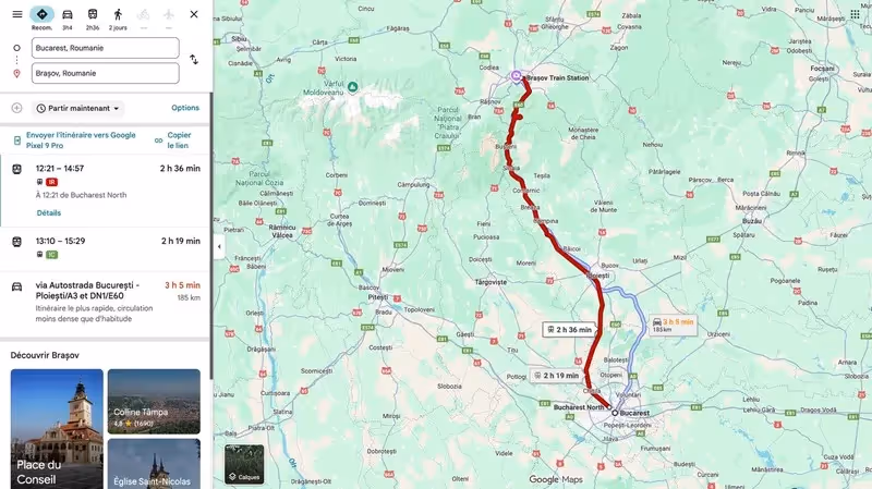 Carte du trajet en train entre Bucarest et Brașov en Roumanie